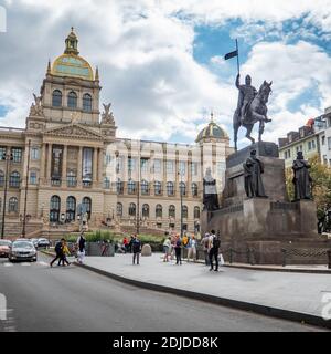 The Czech National Museum, Prague. The grand façade fronted by a statue of St. Wenceslas in the centre of the Czech Republic capital. Stock Photo