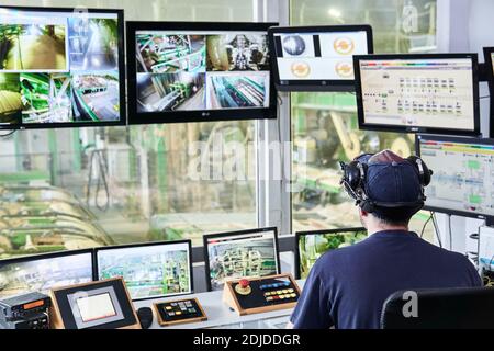 Perm, Russia - August 12, 2020: central point of remote control of a modern automated sawmill Stock Photo