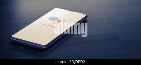 KYIV, UKRAINE-DECEMBER, 2020: Google Assistant Application on the Smartphone Screen. CloseUp Studio Shot Stock Photo