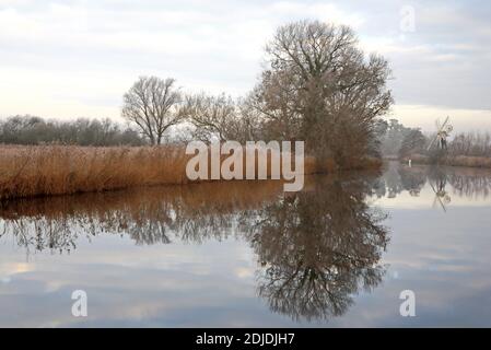 A view of the River Ant on a misty winter morning on the Norfolk Broads near How Hill, Ludham, Norfolk, England, United Kingdom. Stock Photo