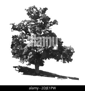 Tree silhouette isolated on white background. Oak tree icon. Black shape realistic tree with leaves silhouette.Outline flat design.Vector illustration Stock Vector