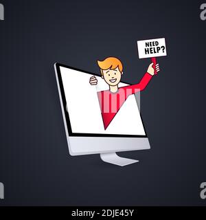 Man peeks out computer and holds the sign that asks Need Help. Support service. Vector, illustration. Stock Vector