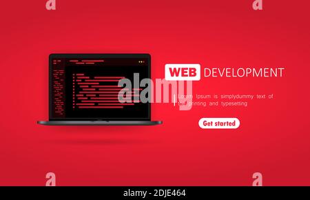 Web development banner. Working on laptop. Flat design concepts for analysis, coding, programming, programmer and developer. Vector. EPS 10 Stock Vector