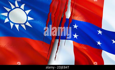 Taiwan and Netherlands Antilles flags with scar concept. Waving flag,3D rendering. Taiwan and Netherlands Antilles conflict concept. Taiwan Netherland Stock Photo