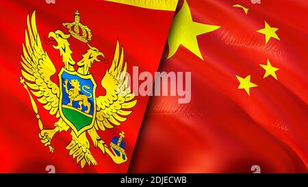 Montenegro and China flags. 3D Waving flag design. Montenegro China flag, picture, wallpaper. Montenegro vs China image,3D rendering. Montenegro China Stock Photo