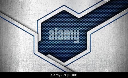 Vector illustration of abstract stainless steel metal panel with grunge overlay metallic texture and hexagonal grid pattern over blue light background Stock Vector