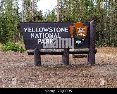 Yellowstone National Park sign at the west entrance in Montana Stock Photo
