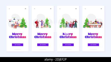 set mix race people in santa hats celebrating happy new year and merry christmas winter holidays smartphone screens collection horizontal full length vector illustration Stock Vector