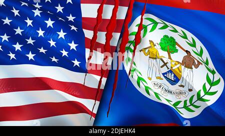 USA and Belize flags with scar concept. Waving flag,3D rendering. USA and Belize conflict concept. USA Belize relations concept. flag of USA and Beliz Stock Photo