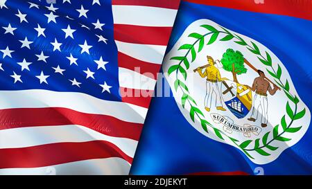 USA and Belize flags. 3D Waving flag design. USA Belize flag, picture, wallpaper. USA vs Belize image,3D rendering. USA Belize relations alliance and Stock Photo