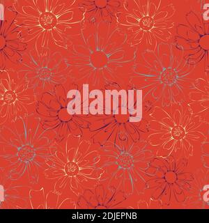 Vector seamless pattern with daisy flowers silhouettes on red background. Wallpaper or textile flower design. Stock Vector