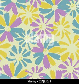 Vector seamless pattern with colorful daisy flowers on a light background. Wallpaper or textile flower design. Stock Vector