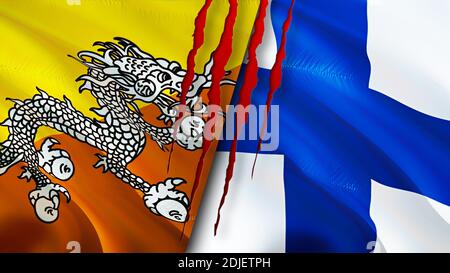 Bhutan and Finland flags with scar concept. Waving flag,3D rendering. Bhutan and Finland conflict concept. Bhutan Finland relations concept. flag of B Stock Photo