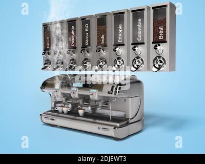 3D rendering metal coffee tank with professional coffee machine on blue background with shadow Stock Photo