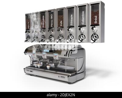 3D rendering metal coffee tank with professional coffee machine on white background with shadow Stock Photo