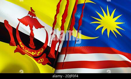 Brunei and Malaysia flags with scar concept. Waving flag,3D rendering. Brunei and Malaysia conflict concept. Brunei Malaysia relations concept. flag o Stock Photo