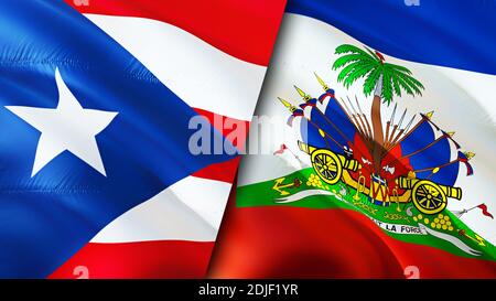 Puerto Rico and Haiti flag waving in the wind against white cloudy blue ...