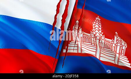 Russia and Cambodia flags with scar concept. Waving flag,3D rendering. Russia and Cambodia conflict concept. Russia Cambodia relations concept. flag o Stock Photo