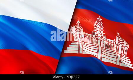 Russia and Cambodia flags. 3D Waving flag design. Russia Cambodia flag, picture, wallpaper. Russia vs Cambodia image,3D rendering. Russia Cambodia rel Stock Photo