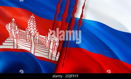 Cambodia and Russia flags with scar concept. Waving flag,3D rendering. Cambodia and Russia conflict concept. Cambodia Russia relations concept. flag o Stock Photo