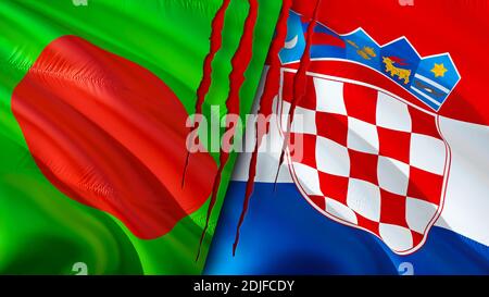 Bangladesh and Croatia flags with scar concept. Waving flag,3D rendering. Bangladesh and Croatia conflict concept. Bangladesh Croatia relations concep Stock Photo