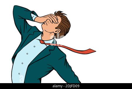 The young man is in great despair. He clutched his head in grief. Vector comic isolated pop art illustration. Stock Vector