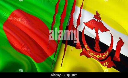 Bangladesh and Brunei flags with scar concept. Waving flag,3D rendering. Bangladesh and Brunei conflict concept. Bangladesh Brunei relations concept. Stock Photo