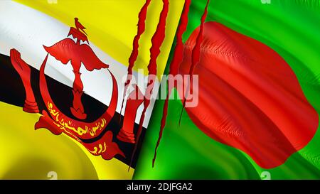Brunei and Bangladesh flags with scar concept. Waving flag,3D rendering. Brunei and Bangladesh conflict concept. Brunei Bangladesh relations concept. Stock Photo