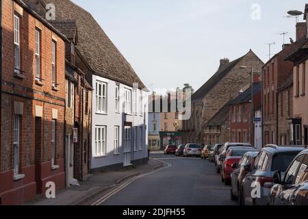 A narrow street of houses n Faringdon, Oxfordshire in the UK, taken on the 19th October 2020 Stock Photo