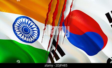 South Korea and India flags. 3D Waving flag design. South Korea India ...