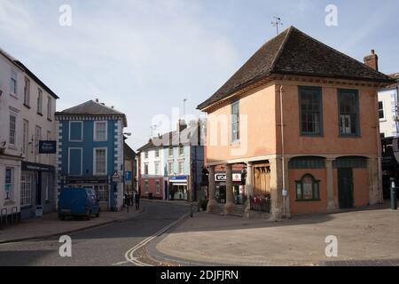 Shops and the Old Town Hall in Faringdon, Oxfordshire in the UK, taken 19th October 2020 Stock Photo