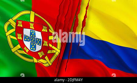 Portugal and Colombia flags with scar concept. Waving flag,3D rendering. Portugal and Colombia conflict concept. Portugal Colombia relations concept. Stock Photo