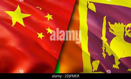 China and Sri Lanka flags. 3D Waving flag design. China Sri Lanka flag, picture, wallpaper. China vs Sri Lanka image,3D rendering. China Sri Lanka rel Stock Photo