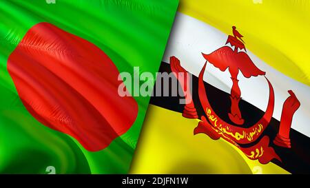 Bangladesh and Brunei flags. 3D Waving flag design. Bangladesh Brunei flag, picture, wallpaper. Bangladesh vs Brunei image,3D rendering. Bangladesh Br Stock Photo