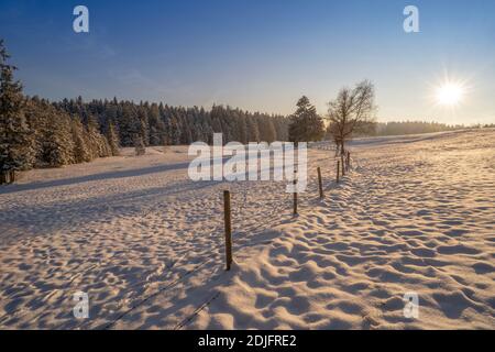 tranquil winter landscape at sunset with fresh powder snow in the Allgaeu alps, Bavaria, Germany Stock Photo
