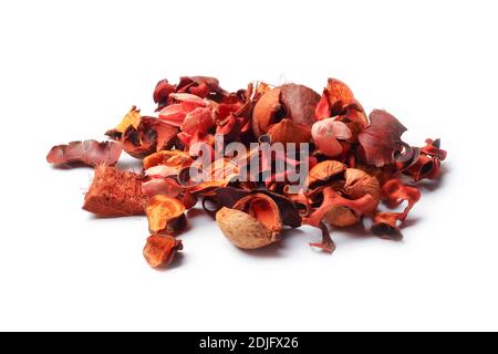 Decorative pieces of dried plants in bulk isolated on white background Stock Photo