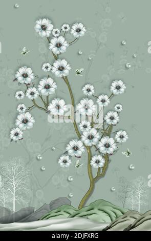 3d mural wallpaper canvas for frames digital graphic like the impression of drawing  . Branches of flowers multi-colors and simple digital landscape Stock Photo