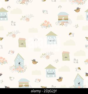 Spring seamless pattern with flowers,birds and birdhouses Stock Vector