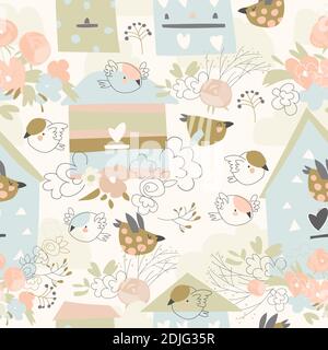 Spring seamless pattern with flowers,birds and birdhouses Stock Vector