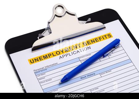 Unemployment Benefits Application on Clipboard with Pen. Stock Photo