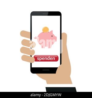 hand holds smartphone with piggy bank donate isolated on white background vector illustration EPS10 Stock Vector
