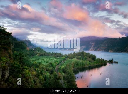 Columbia River sunrise. Near Hood River, Columbia River Gorge National Scenic Area. Oregon Stock Photo