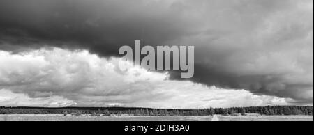 Black storm clouds breaking through the sky over pine forest. Stock Photo