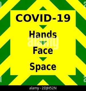 Green and yellow vector graphic, advising of the importance of washing your hands, covering your face and allowing social space, in order to reduce th Stock Vector