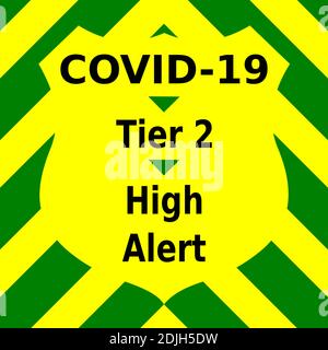 Green and yellow vector graphic showing the Tier two message of high alert, in the fight against Coronavirus. Stock Vector
