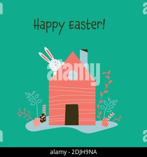 Easter at home concept during lockdown, cartoon flat design style Stock Vector