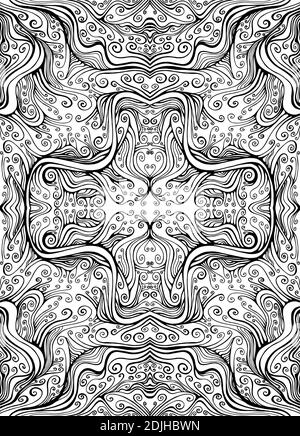 Manala Flower abstract elegant Coloring page with amezing curly waves pattern, maze of ornaments. Psychedelic stylish card. Vector illustration. Antis Stock Vector