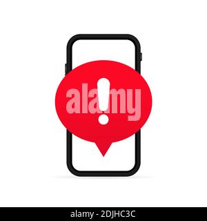 Mobile phone screen with a warning about spam, secure connection, fraud, virus. Phone alarm notice and new message. Danger error alerts, computer Stock Vector