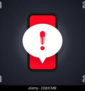 Mobile phone screen with a warning about spam, secure connection, fraud, virus. Phone alarm notice and new message. Danger error alerts, computer Stock Vector