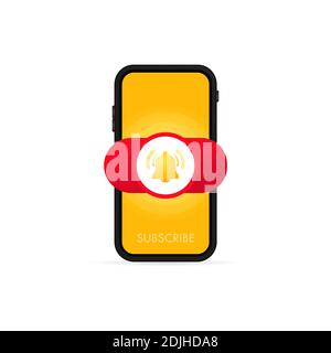 Subscribe button template with the notification bell on smartphone screen. Red button sign in social media. Vector on isolated white background. EPS Stock Vector